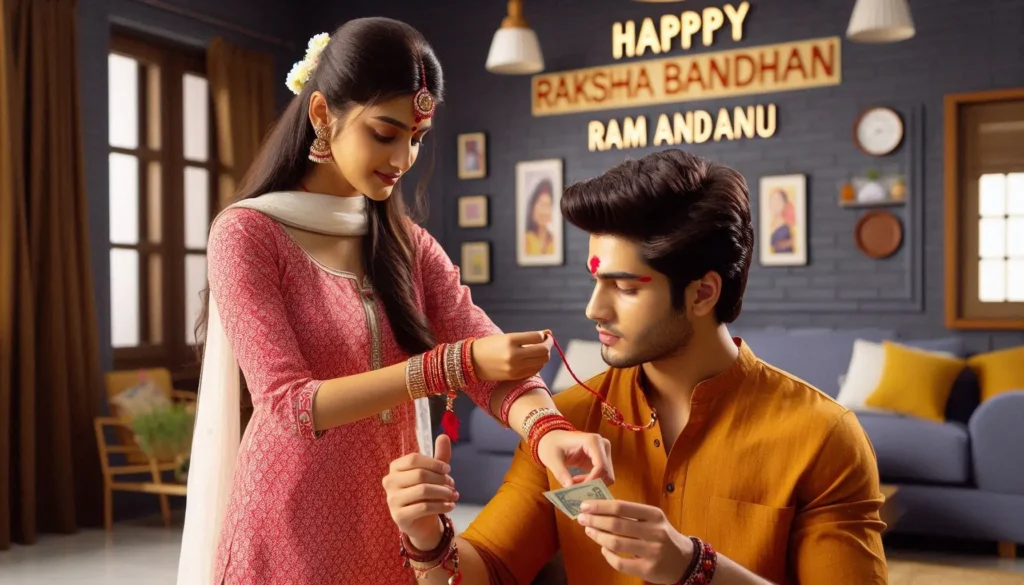 Brother And Sister Tying rakhi On Brother Hand in raksha bandhan ai prompt