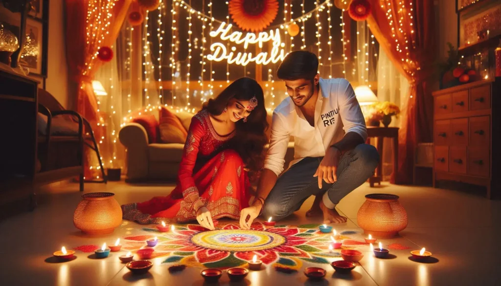 A Cute And Handsome couple celebrates Diwali indoors, surrounded by warm lights and decorations. The woman, in a red lehenga, creates a colorful rangoli as the man, in a white shirt with Name on it, smiles beside her. Oil lamps encircle the rangoli, enhancing the cozy, joyful atmosphere, with a 'Happy Diwali' message glowing in the background