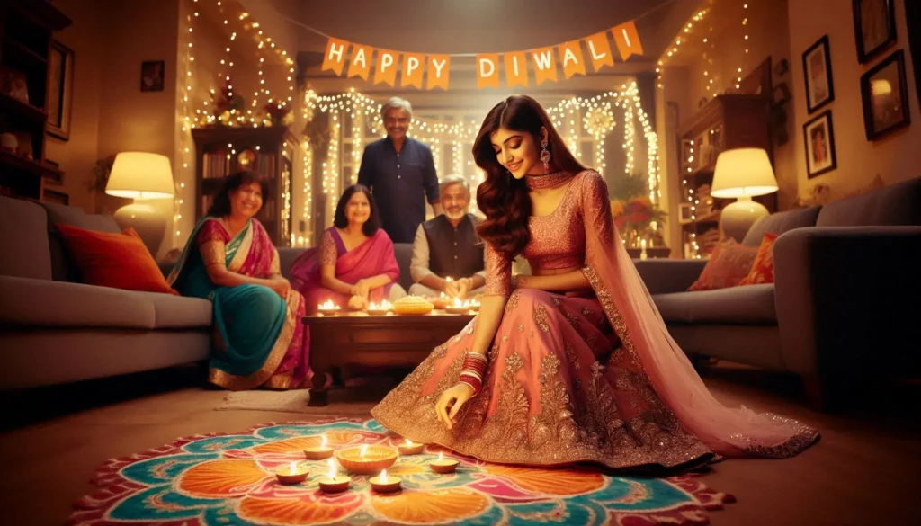 18-year-old A Real Indian Beautiful Young Girl, dressed in a pink lehenga with her name scripted on it, lights diyas with her family in a warmly lit living room. A vibrant rangoli decorates the floor, and a 'Happy Diwali' banner hangs above. Surrounded by smiling relatives, twinkling lights, and traditional decorations, the festive atmosphere shines