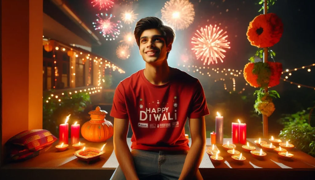 Haapy Deepawali Bing AI Image Prompt A Boy Red  wear Red T-Shirt Celebrating Diwali Festival