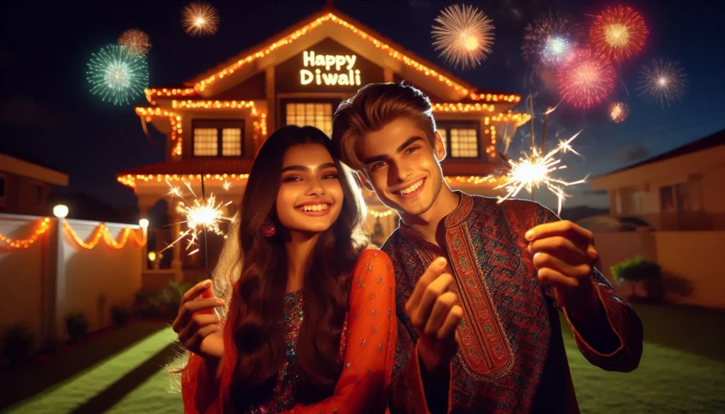 Real Indian Young Couple, 18-year-old, celebrate Diwali at night in front of their brightly decorated home, holding sparklers and smiling. Dressed in colorful kurtas, with 'His Or Her Name' illuminated behind them, they stand amid twinkling lights and fireworks in the sky with a 'Happy Diwali' message