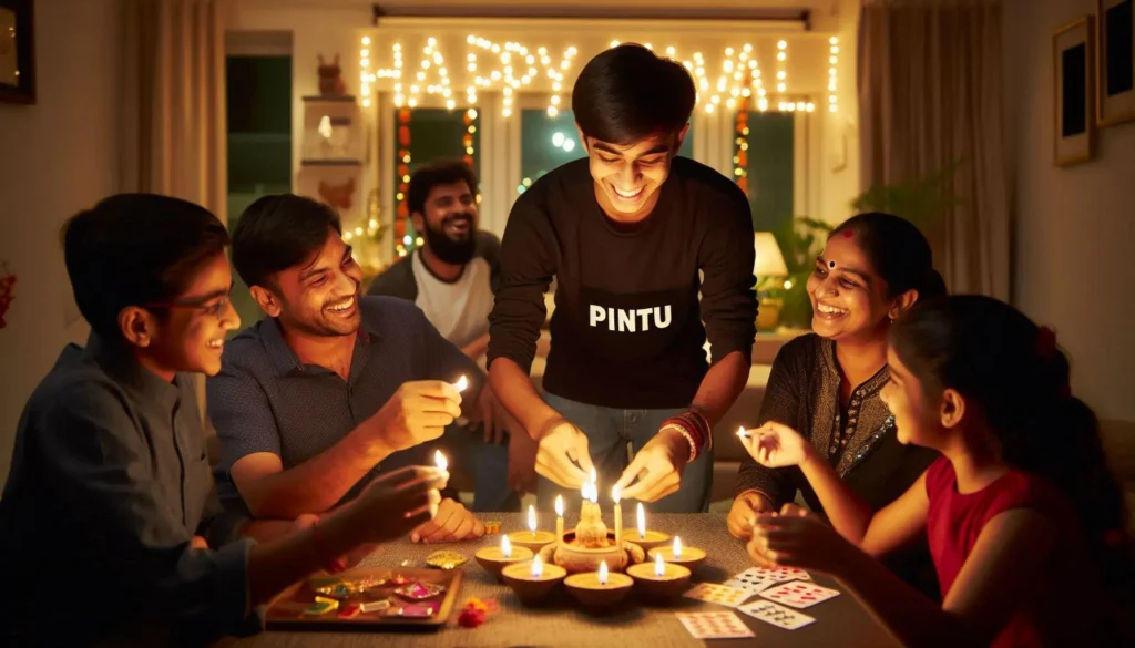 a 20-year-old in a black shirt with his name on it, celebrates Diwali joyfully with his family at home. Surrounded by parents, siblings, they light diyas and decorative bulbs, filling the house with a warm glow. A vibrant 'Happy Diwali' message illuminates the background. AI Image Prompt